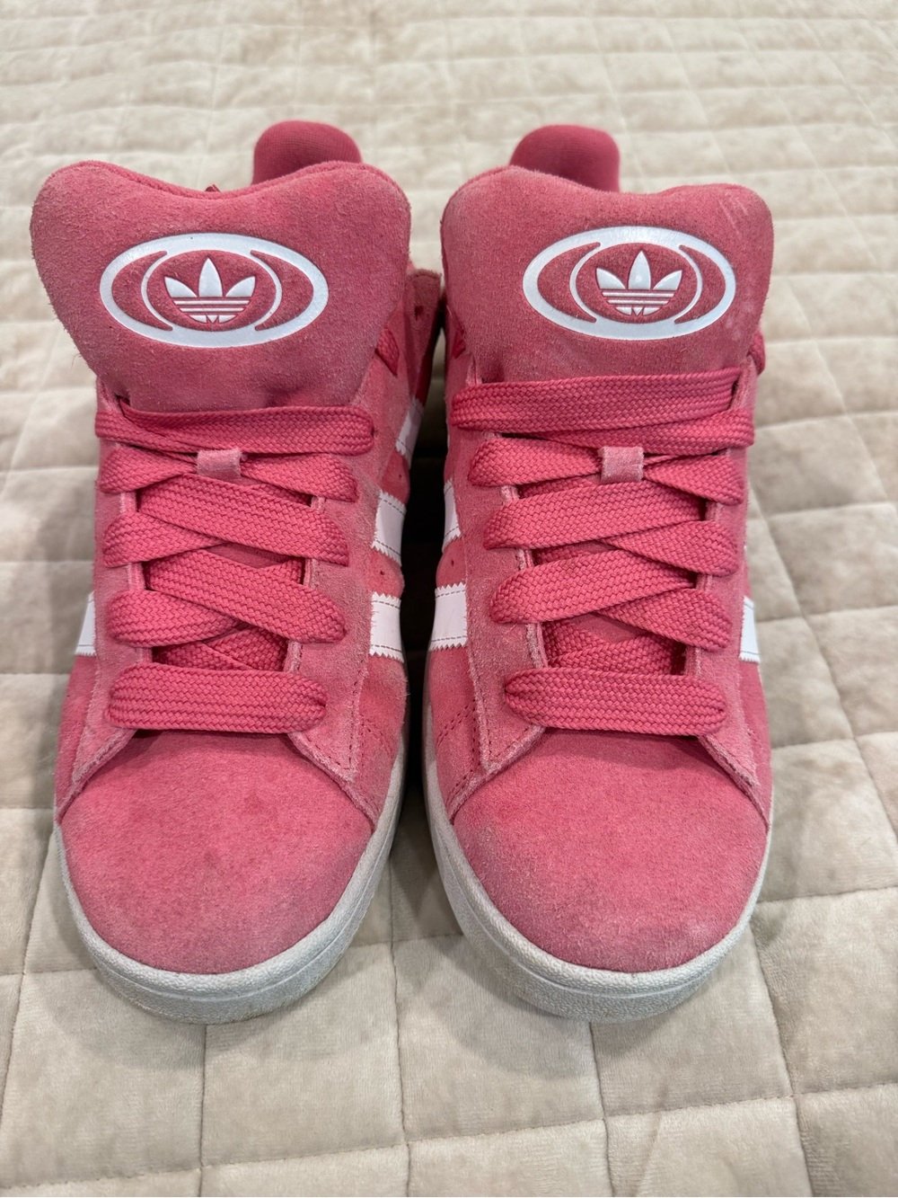 Adidas AdultPink Suede High-Top Sneakers with White Stripes
